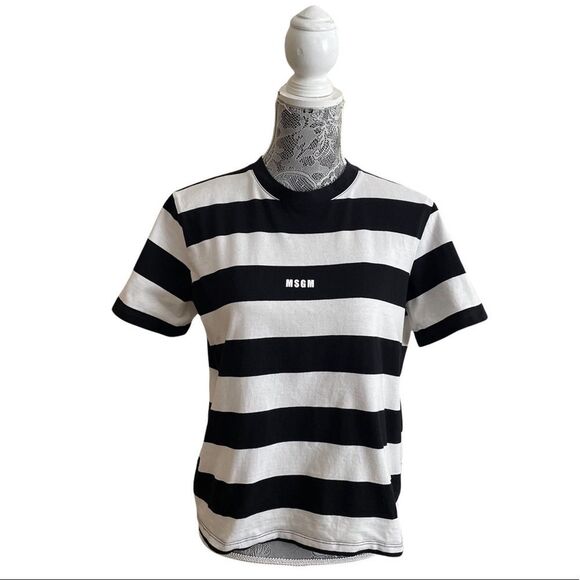 Msgm Logo T-Shirt Black With White Stripes Size Large - Picture 1 of 7